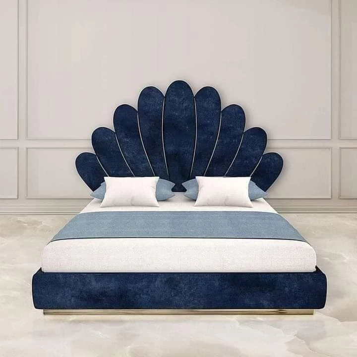 Blue Velvet Shell Headboard Bed