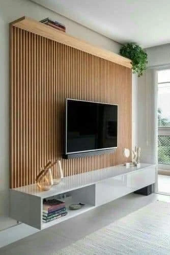 Light Wood Fluted TV Panel Unit