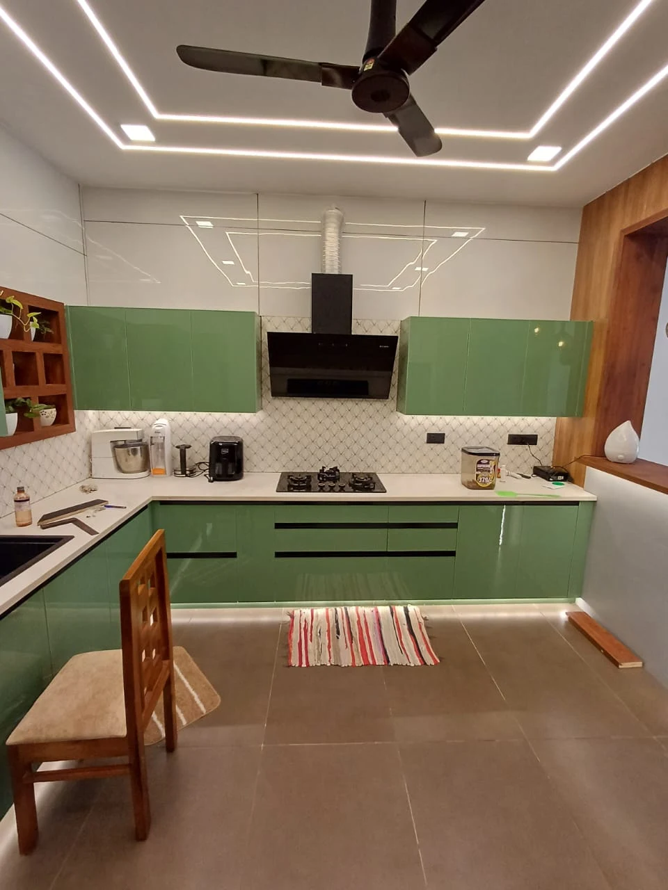Olive Green Modular Kitchen LED