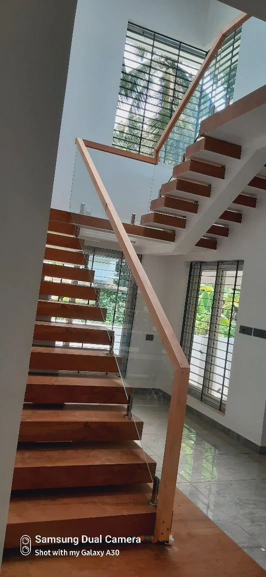 Teak Floating Staircase Glass Railing