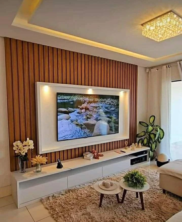 Vertical Slats Wooden TV Panelling